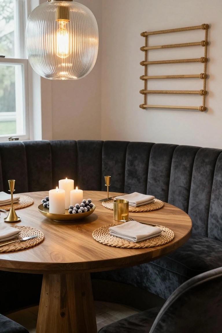 Curved gray velvet banquette booth surrounding a round wooden pedestal table set with brass candelabras, white pillar candles topped with dark berries on a gold tray, linen napkins, seagrass placemats, and a glass pendant light overhead in a light room with window and rope wall rack.