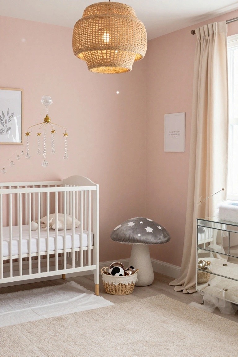 Pink-walled nursery with white crib under gold star mobile with crystal drops, large gray starry mushroom stool, woven basket of toys, and glass-topped gold dresser.