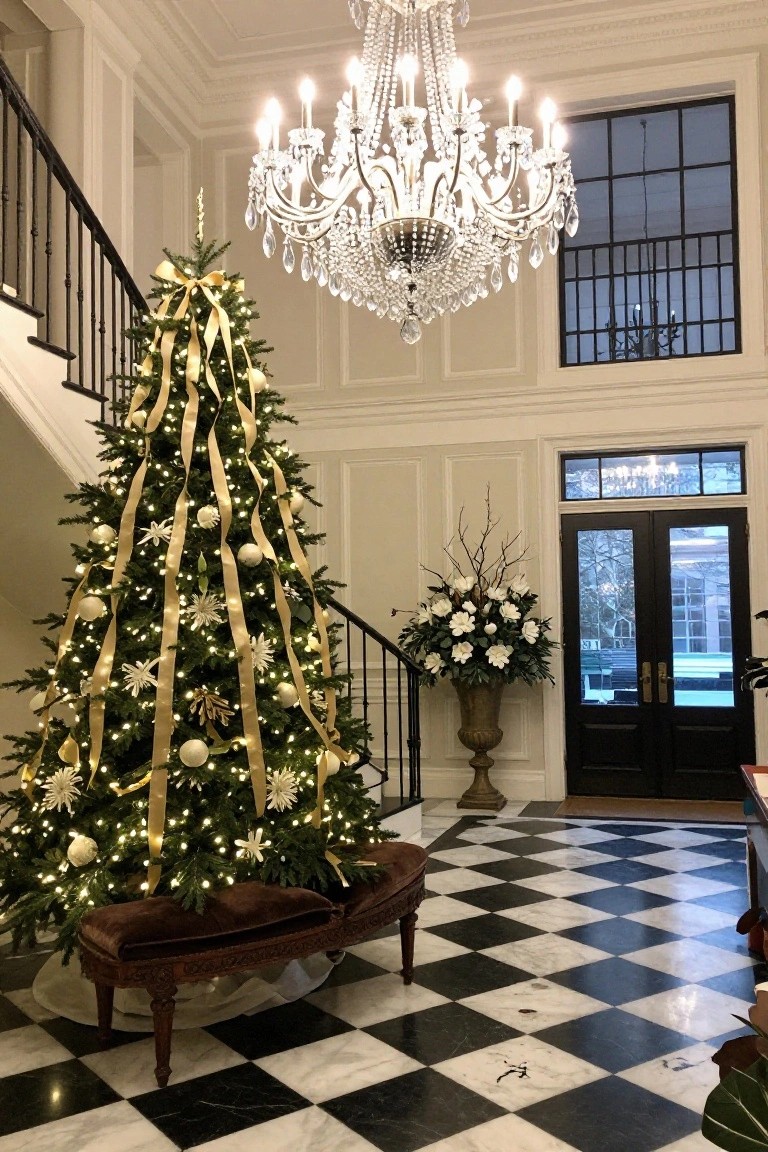 Tall Christmas tree decorated with gold ribbons, white ornaments, and lights stands in a grand entry hall with black and white checkered marble floor, velvet bench underneath, sparkling chandelier above, curved staircase, and large floral urn nearby.
