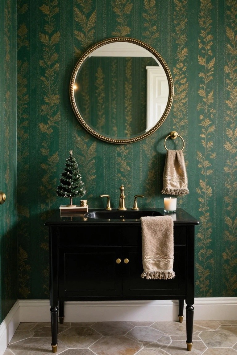 A powder room corner with emerald green wallpaper patterned in gold ferns, black vanity sink with gold faucet and knobs, round gold beaded mirror, small potted Christmas tree on a wood box, beige towels, and a lit candle.