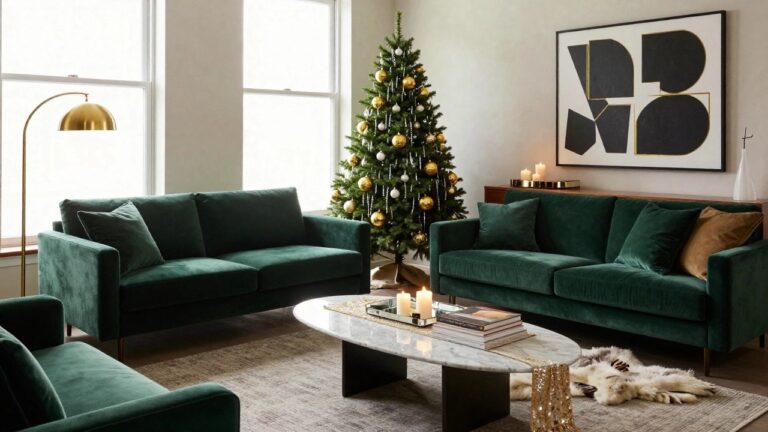 Living room with two emerald green velvet sofas, large Christmas tree decorated in gold baubles and lights, gold arc lamp, marble coffee table with stacked books and candles, and neutral walls with window.