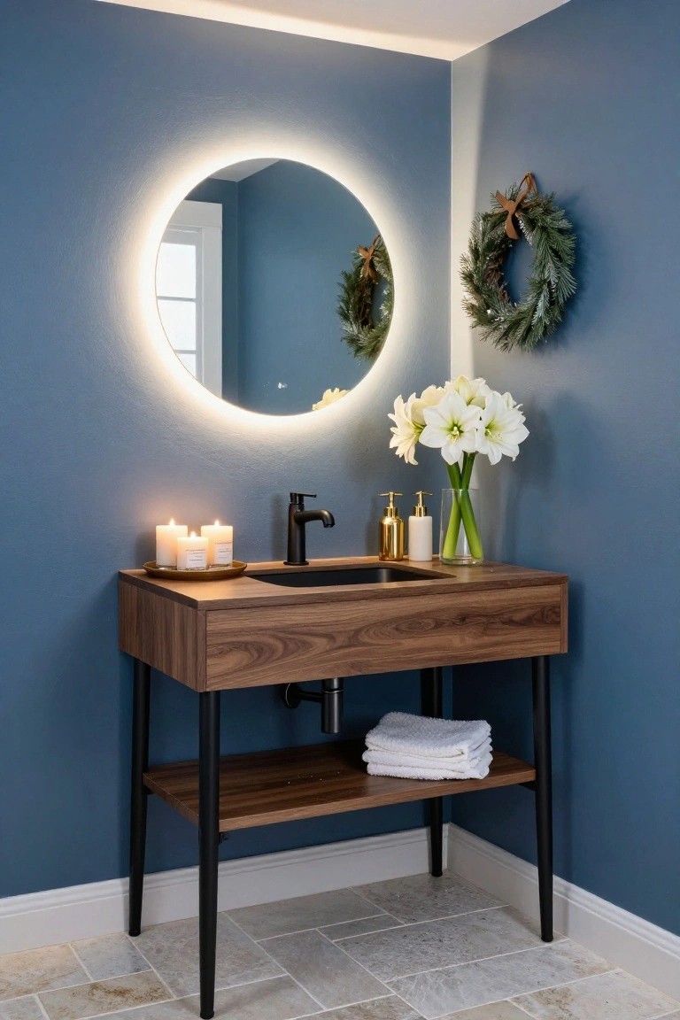 Corner bathroom with navy blue walls, round backlit mirror, wooden vanity on black metal legs with black sink and faucet, white amaryllis bouquet, three white candles on gold tray, gold and white soap dispensers, stacked white towels, and evergreen wreath with bow.