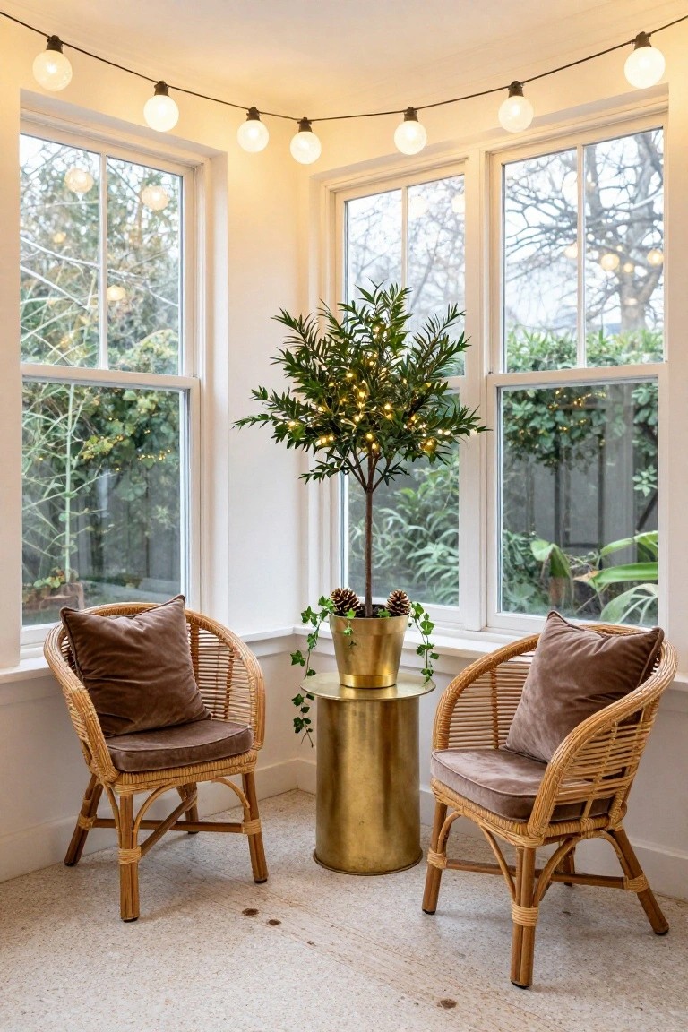 Sunroom corner featuring two rattan armchairs with beige cushions flanking a gold pedestal table with pinecones and ivy, a lit artificial bottlebrush tree nearby, string lights strung along the white ceiling and large multipane windows overlooking a garden.