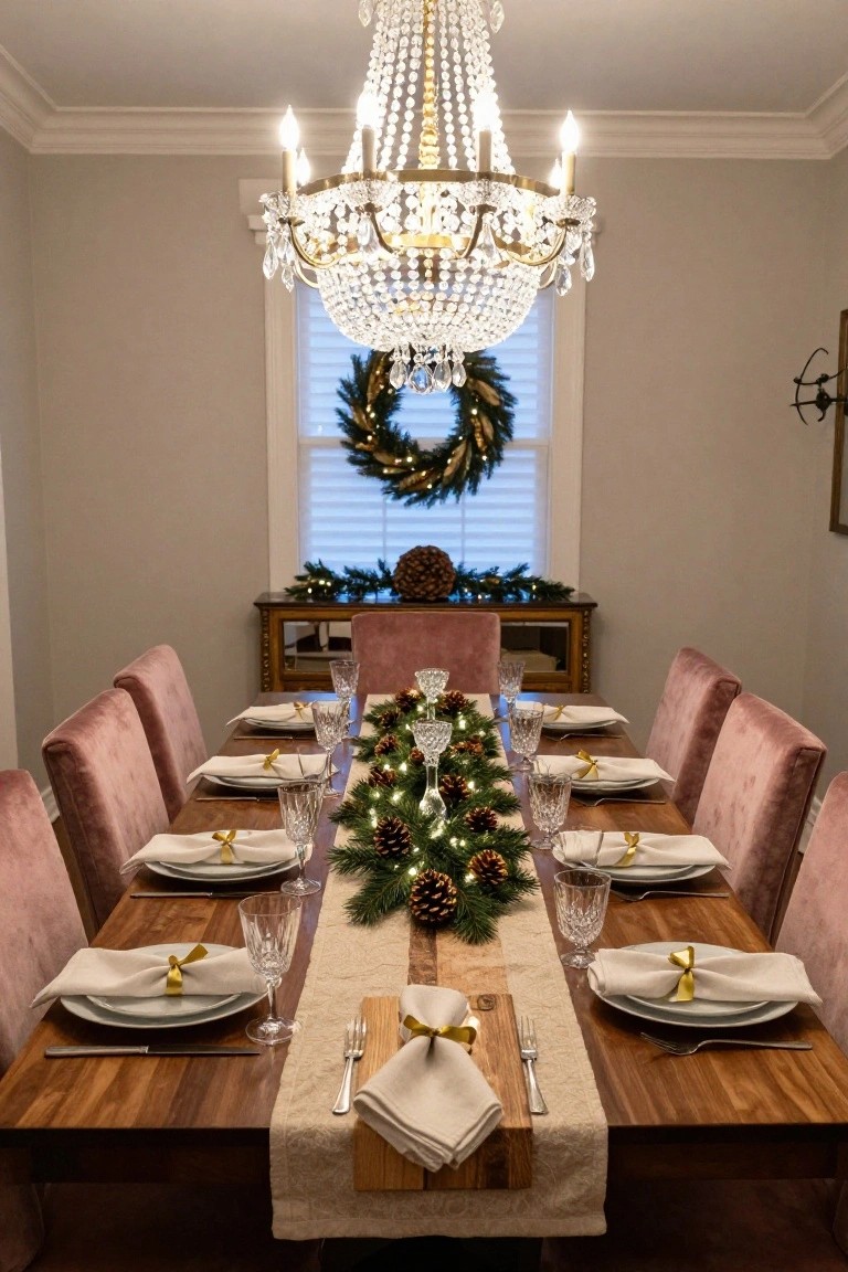 A formal dining room with a crystal chandelier, pink velvet chairs around a long wooden table set with plates, glassware, and a central evergreen garland runner with lights and pinecones, plus a wreath on the window.