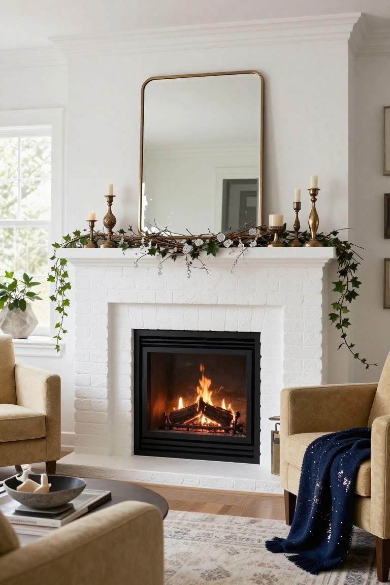 White brick fireplace mantel decorated with trailing ivy garland, white berries, gold candlesticks with white candles, and a large rectangular gold-framed mirror above it, with beige armchairs and a coffee table in front.