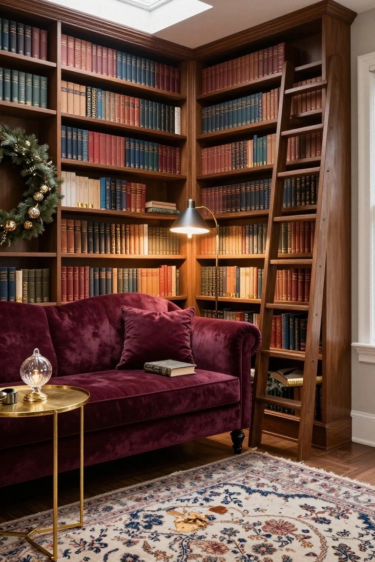 Corner of a wood-paneled library room featuring floor-to-ceiling bookshelves filled with books, a rolling wooden ladder, purple velvet tufted sofa with pillows, brass side table with glass cloche, arched floor lamp, and Christmas wreath with gold ornaments on a shelf.