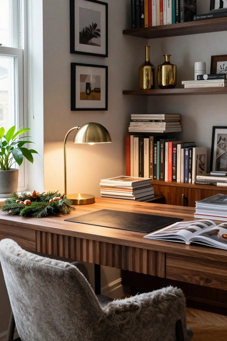 Wooden desk with leather blotter, open magazine, gold arched lamp with evergreen Christmas wreath and metallic ornaments around its base, plush gray chair, bookshelves, plant, and window in a home office.