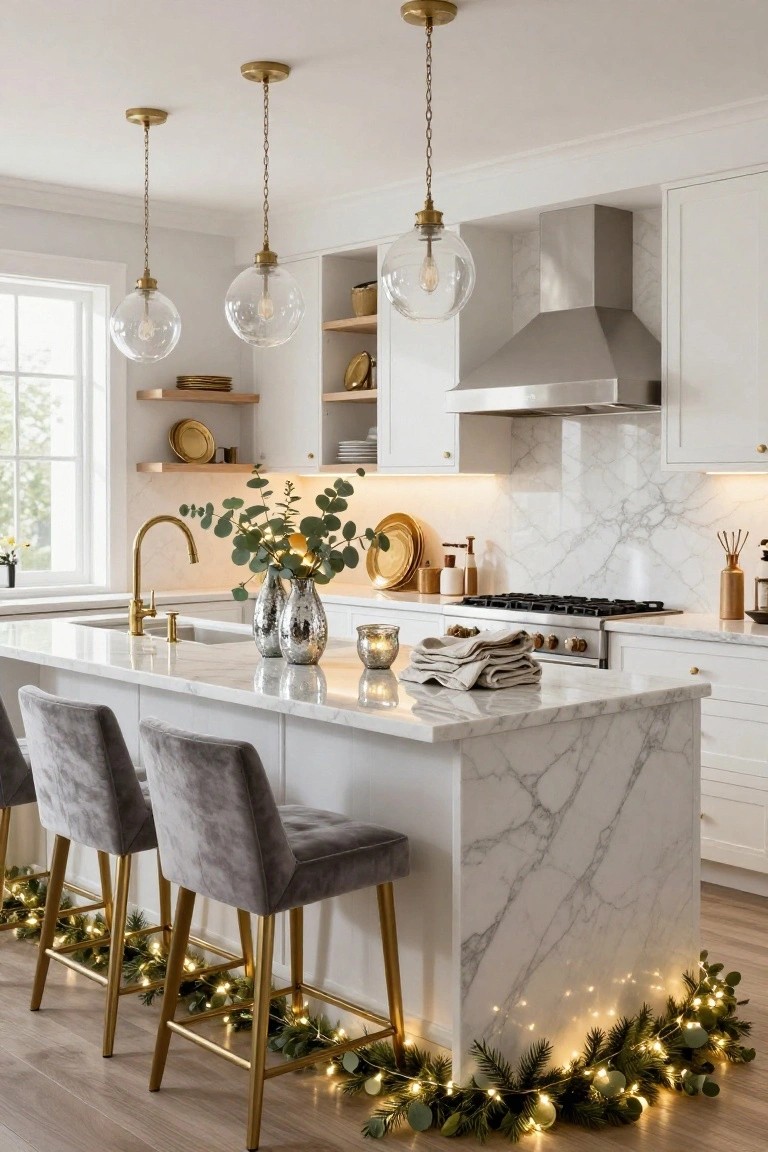 White kitchen with marble island, gold legs wrapped in green garlands and fairy lights, velvet bar stools, pendant globe lights, and holiday decor on counters.
