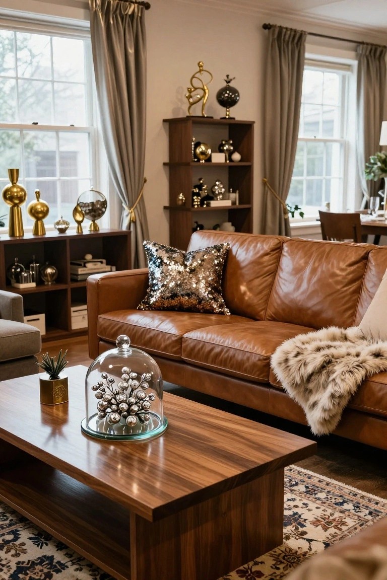 A living room with tan leather sofa topped by sequined pillows and a fur throw, wooden coffee table with glass dome over sparkly branches, wood shelves holding multiple gold metallic sculptures and orbs, large windows with gray curtains.