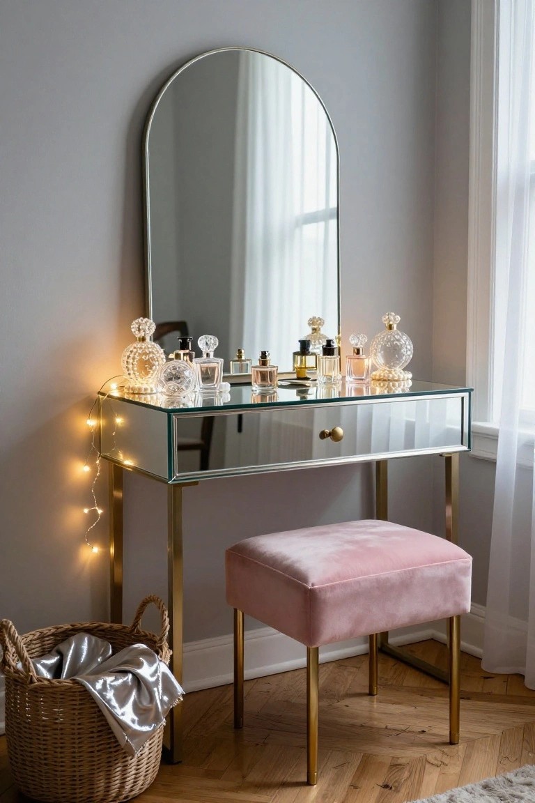 Mirrored vanity table with arched gold mirror, assortment of perfume bottles, draped fairy lights, pink velvet stool, and wicker basket holding silver fabric next to a window in a gray-walled room with parquet flooring.