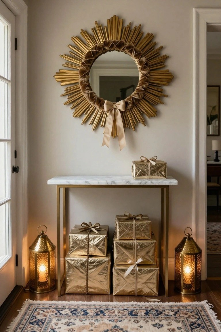 Beige entryway with gold console table holding stacked metallic gold gift boxes, brass lanterns on floor beside table, large gold sunburst mirror above on wall, doors and rug visible.