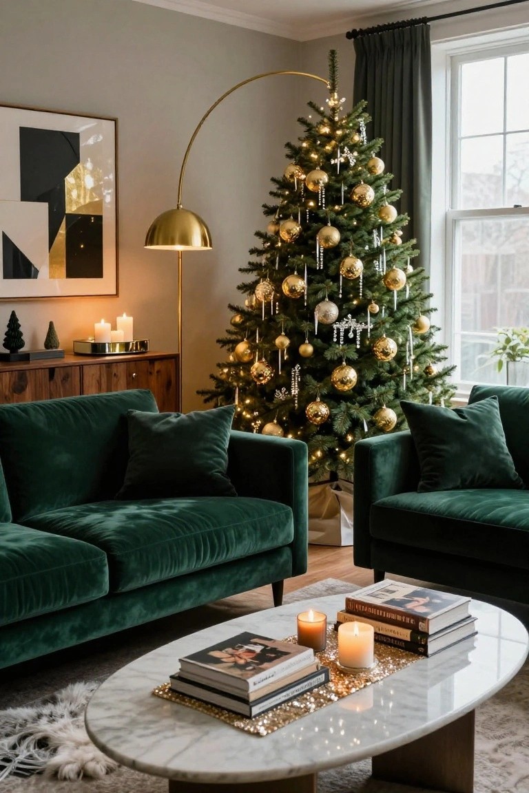 Living room with two emerald green velvet sofas, large Christmas tree decorated in gold baubles and lights, gold arc lamp, marble coffee table with stacked books and candles, and neutral walls with window.