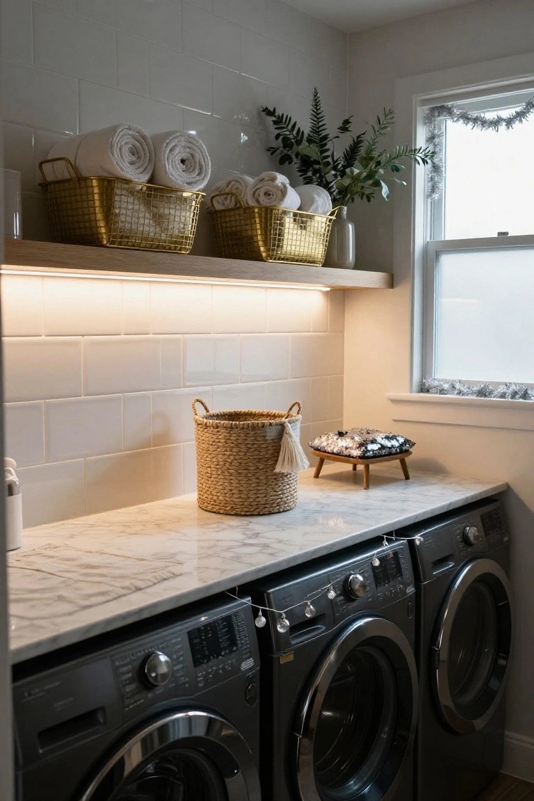 Laundry room with white subway tile backsplash, marble countertop, black washer-dryer units, gold wire baskets with rolled white towels on wooden shelf above, woven basket on counter, fairy lights on appliances, silver garland on window, and potted plant.