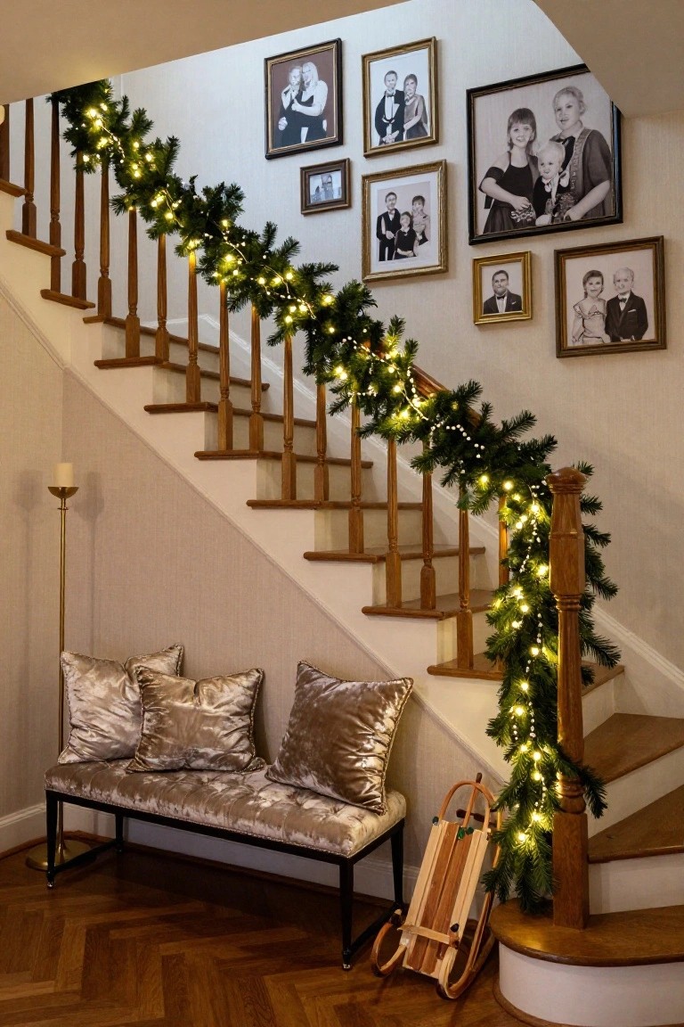 Wooden staircase wrapped in evergreen garland strung with white fairy lights along the railing, with multiple framed black-and-white family photos on the beige wall, a gold candlestick lamp, silver velvet bench, and wooden sled at the base on herringbone wood floor.