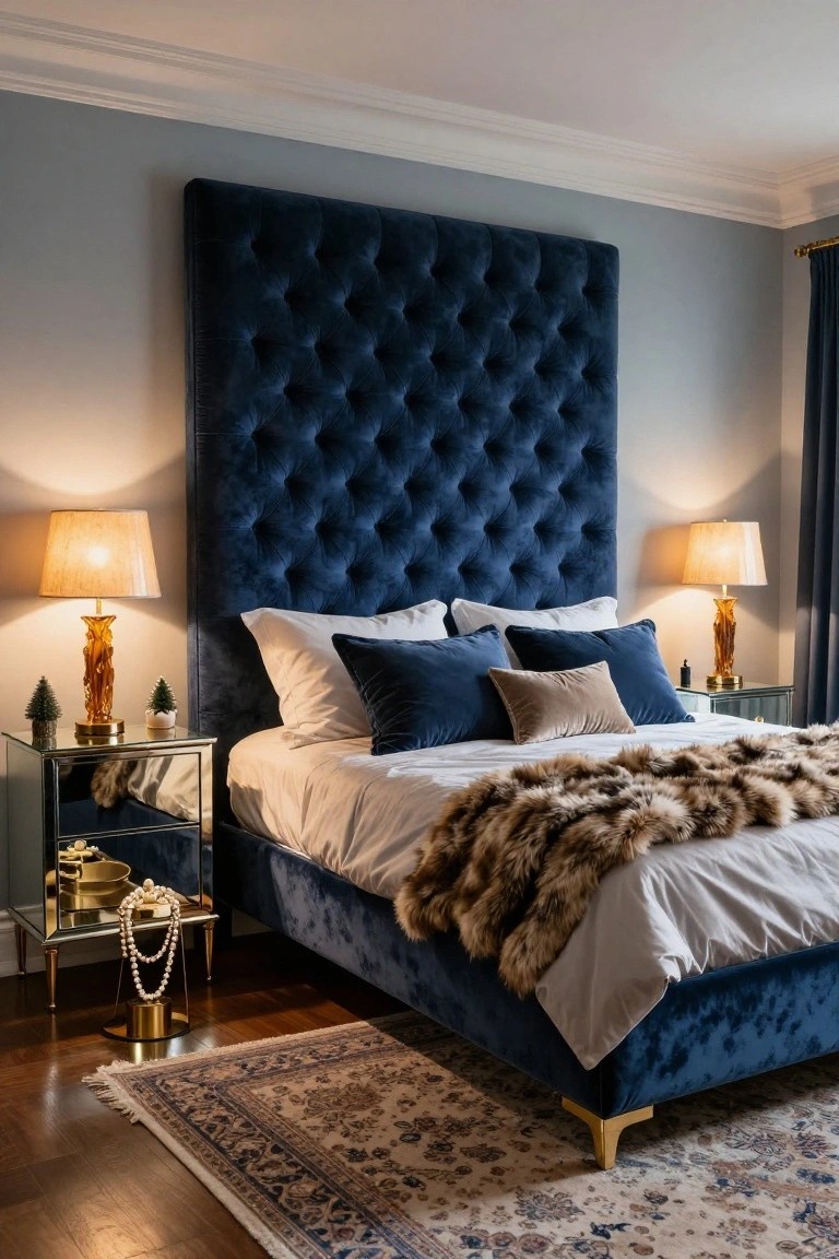 Bedroom with tall tufted navy velvet headboard on upholstered bed frame, white sheets and pillows topped by fur throw, mirrored nightstands with gold lamps small Christmas trees and pearl necklace, blue curtains hardwood floor and patterned rug.