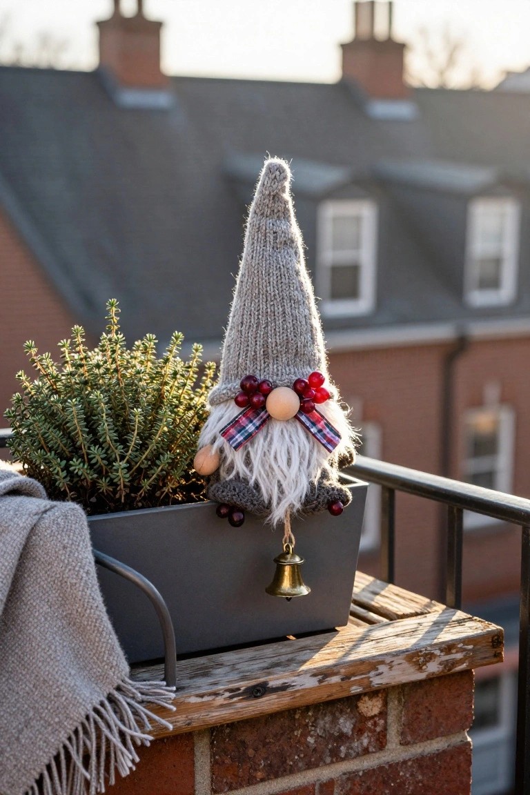 Knitted gray gnome with red bow and berries sits in a black rectangular planter of green shrubbery on a metal balcony railing, gray throw draped over the pot edge, brick house and railing in background.