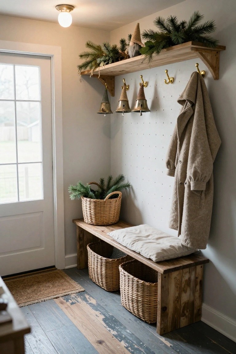 White interior entryway with wooden wall shelf holding gnomes, pine branches, and bells; gold hooks on pegboard wall with hanging coat and bells; wooden bench with white cushion and two woven baskets underneath; glass door and window nearby.