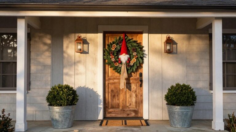 20 Gnome Christmas Wreath Ideas That Bring Playful Spirit Wooden front door on a white-sided house decorated with a evergreen Christmas wreath featuring two gnomes, oranges, pinecones, cinnamon sticks, and a burlap bow, flanked by potted small evergreen trees in galvanized metal buckets, with a copper lantern light and doormat on the porch.
