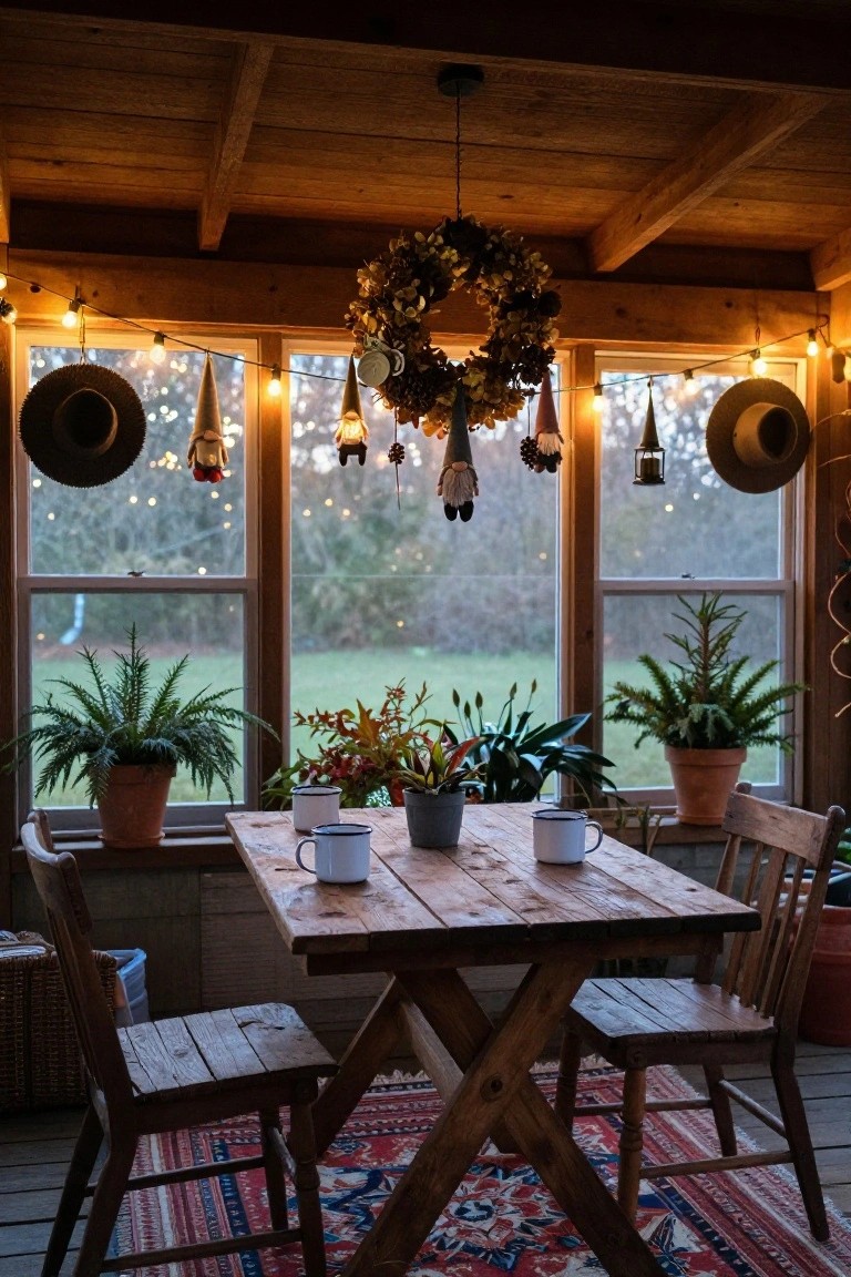 Wooden sunroom interior with a hanging Christmas wreath adorned with gnomes over a wooden table set with two enamel mugs, flanked by potted plants, wooden chairs, and string lights near large windows.