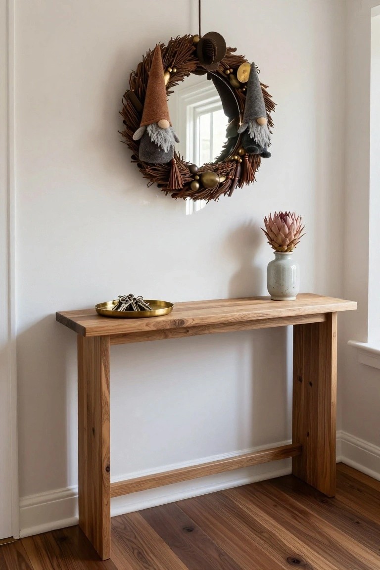 Wooden console table with a decorative wreath, vase, and brass dish on a wall.