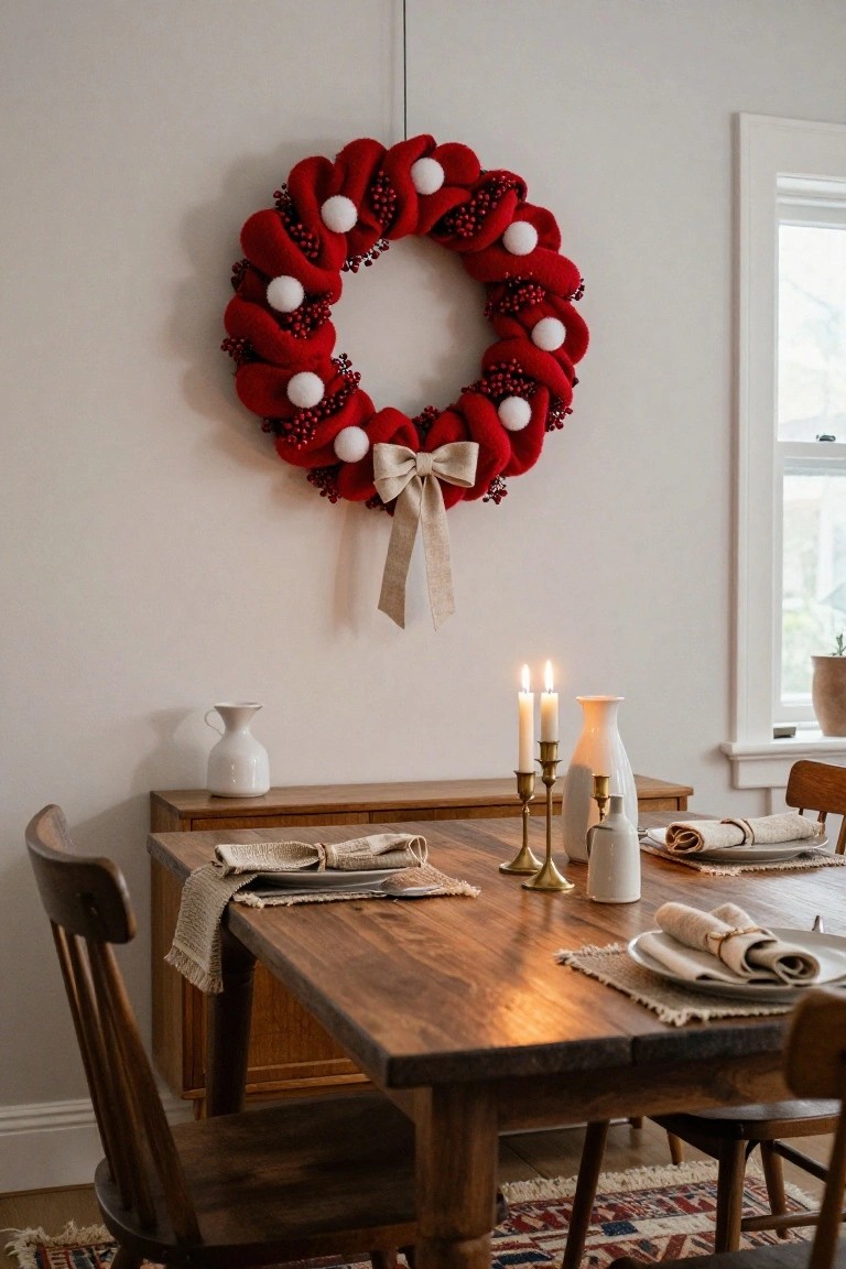 Red felt Christmas wreath with white pom-poms resembling gnome hats and red berry accents hanging on a white wall above a wooden dining table set with linen napkins, plates, white vases, and lit candles on brass candlesticks.