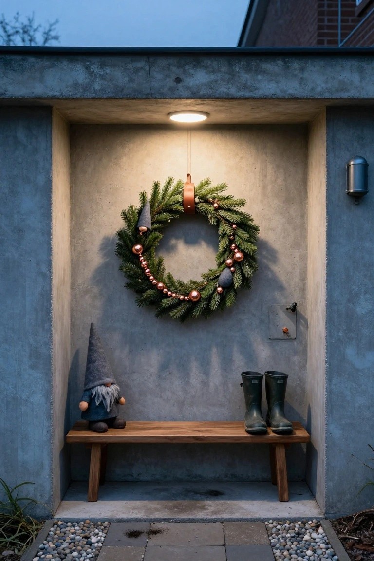 A cozy entryway with a wreath, gnomes, green boots, and a wooden bench.