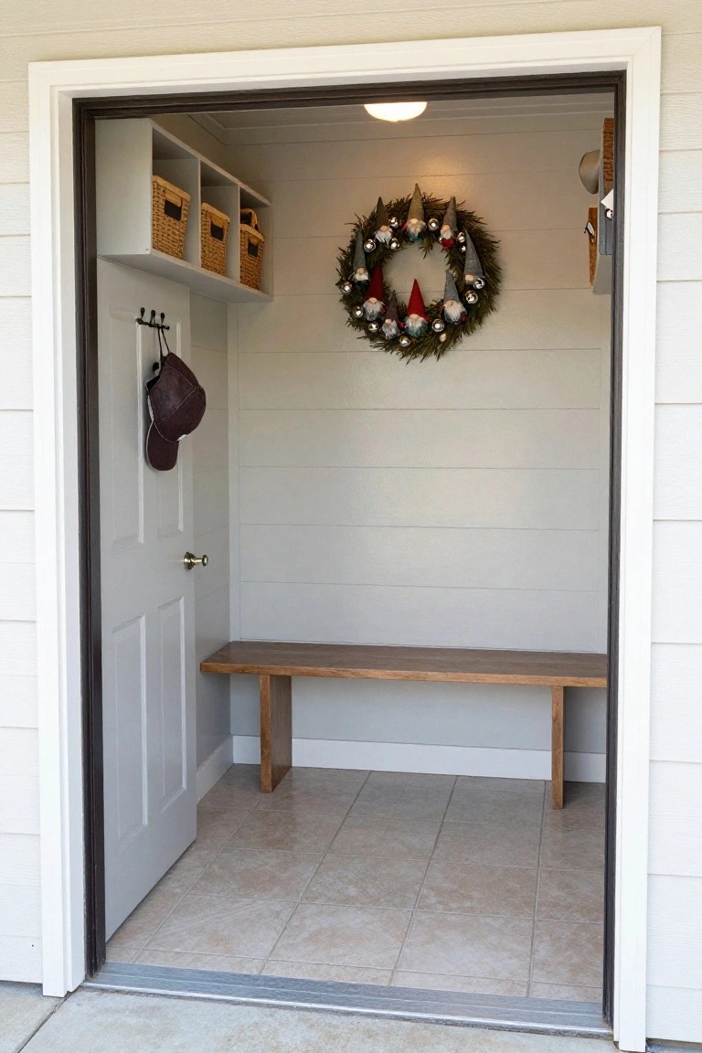 Mudroom interior with white shiplap walls, wooden bench, wall hooks with hat, shelves with baskets, gnome-adorned Christmas wreath on wall, and open door to house.