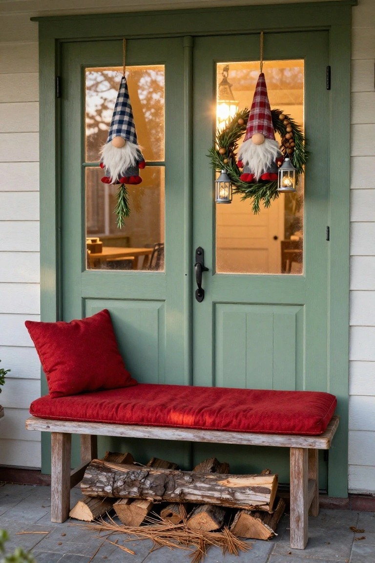Green double front doors with hanging gnome plush toys on each side, a plaid gnome on a pine wreath with berry accents and lanterns, red cushion on a wooden bench, and stacked firewood nearby on a porch.