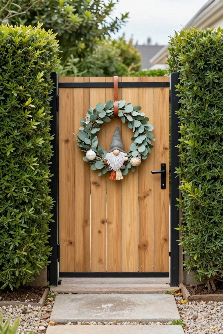 Wooden garden gate with black metal frame and handle, decorated with a gray gnome Christmas wreath made of eucalyptus leaves and white ornaments, flanked by tall green hedges on a gravel and stone pathway.