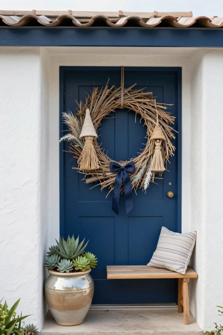 Blue door adorned with a rustic wreath, a wooden bench, and succulent plants.
