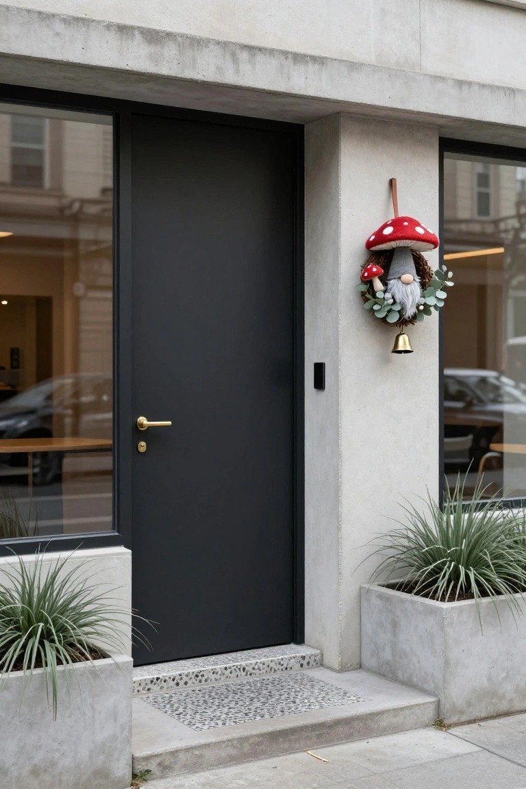 Close-up of a modern house entrance featuring a black door with gold handle, large glass windows, a gnome Christmas wreath with red mushroom and gray-bearded gnome hung on the white concrete wall beside the door, concrete planters with ornamental grasses, and pebbled entry steps.