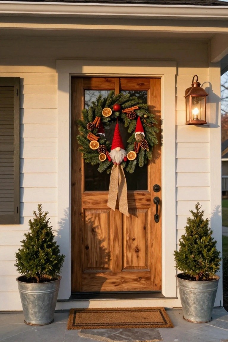 Wooden front door on a white-sided house decorated with a evergreen Christmas wreath featuring two gnomes, oranges, pinecones, cinnamon sticks, and a burlap bow, flanked by potted small evergreen trees in galvanized metal buckets, with a copper lantern light and doormat on the porch.