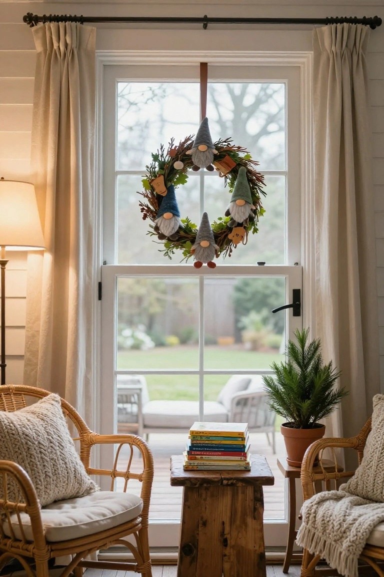 Cozy interior room featuring a window with white curtains and a hanging wreath decorated with colorful gnomes, dried flowers, and greenery; wicker armchairs with pillows flank a wooden side table stacked with books, a lamp, and a small potted evergreen tree, with a garden visible through the window.