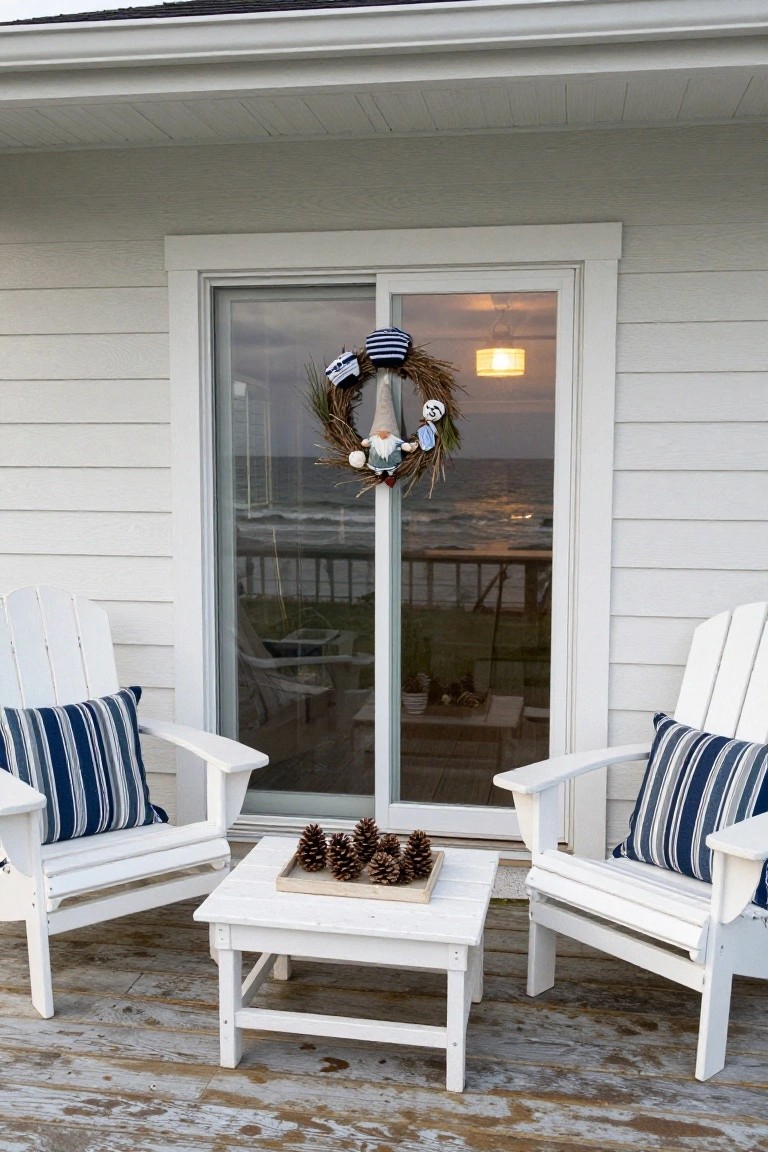 Straw wreath with gnomes in striped hats and sailor outfits hanging on sliding glass doors of a white-sided house, flanked by two white Adirondack chairs with blue cushions on a weathered wooden deck, small white table holding pinecones between chairs, ocean and pier visible through doors.