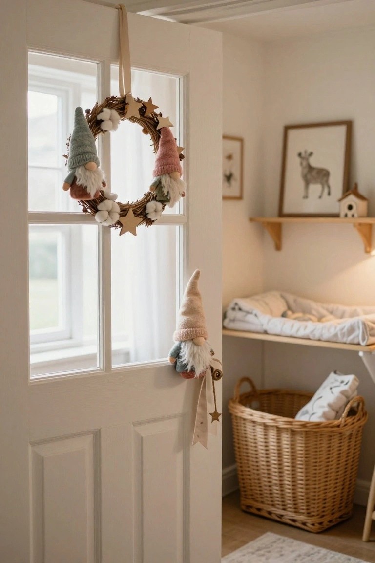 White interior door with a twig wreath decorated with white cotton bolls, wooden stars, pinecones, and knit gnome figures in blue, pink, and beige hanging from it, next to a nursery changing table, shelves, and wicker basket in a light room.