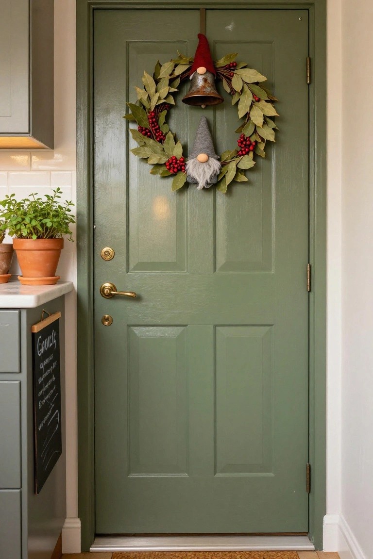 Green front door with a decorative wreath featuring gnomes, bell, and foliage.