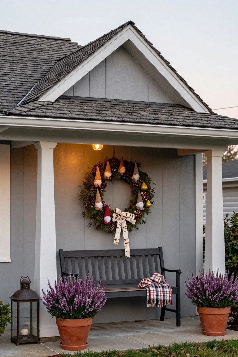 Gray sided house porch featuring a Christmas wreath with gnomes, pine branches, berries, and gold pears hung on the wall above a black bench with plaid blanket, flanked by potted purple heather plants and metal lanterns.