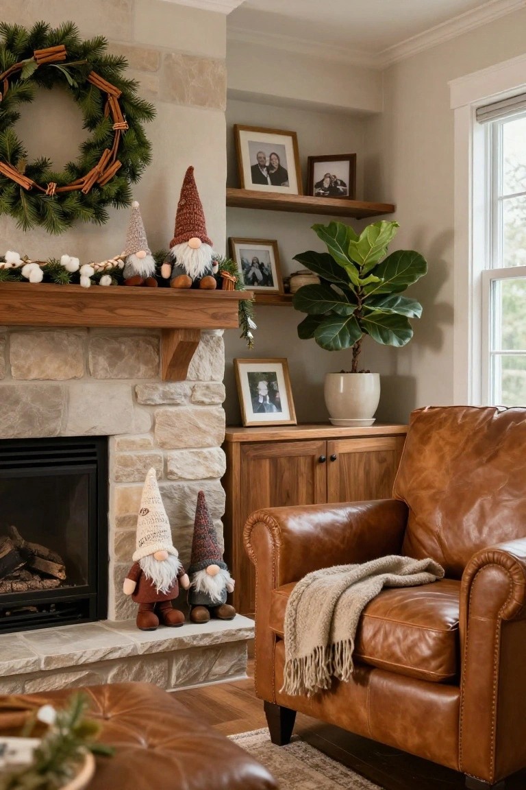 Living room corner with stone fireplace, multiple gnomes on wooden mantel, cinnamon stick wreath on wall above, leather armchair with throw, potted fiddle leaf fig plant, shelves with family photos.
