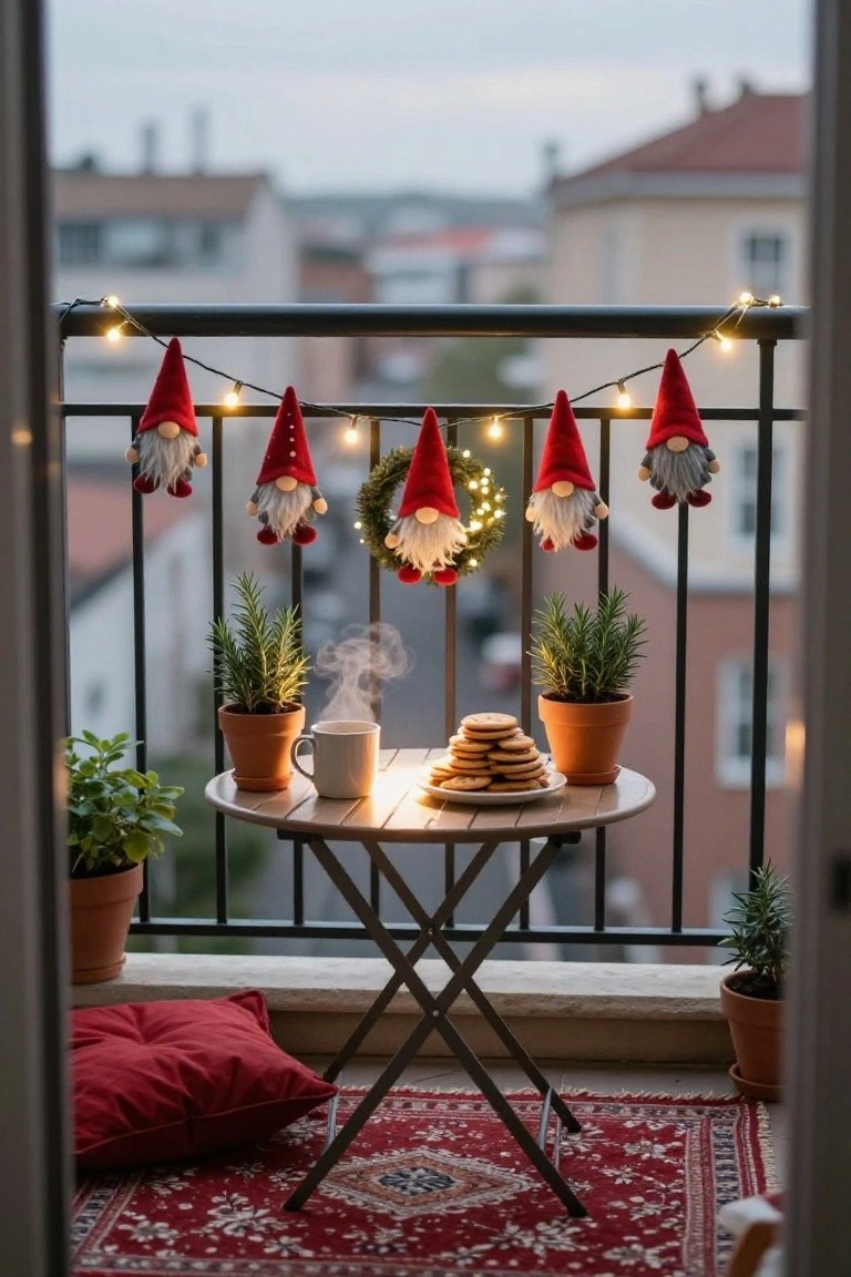 Balcony railing decorated with hanging red felt gnomes, string lights, and a wreath with gnomes, next to a small wooden table holding a coffee mug, cookies, and potted plants, viewed from inside with cityscape beyond.