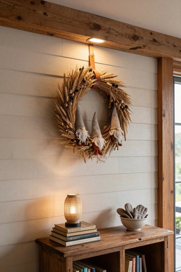 Wheat wreath with three gray gnomes hanging on a light shiplap wall above a wooden console table with a lit lantern, stacked books, and a bowl of gray gloves in a rustic interior.