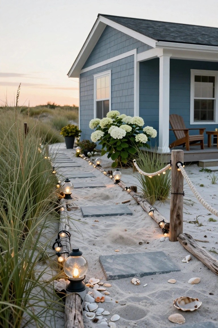 Blue shingled beach house with porch chairs and hydrangeas, approached by stone pathway through sand lined with beach grass, rope fencing on posts, scattered shells, and lanterns with string lights at dusk.