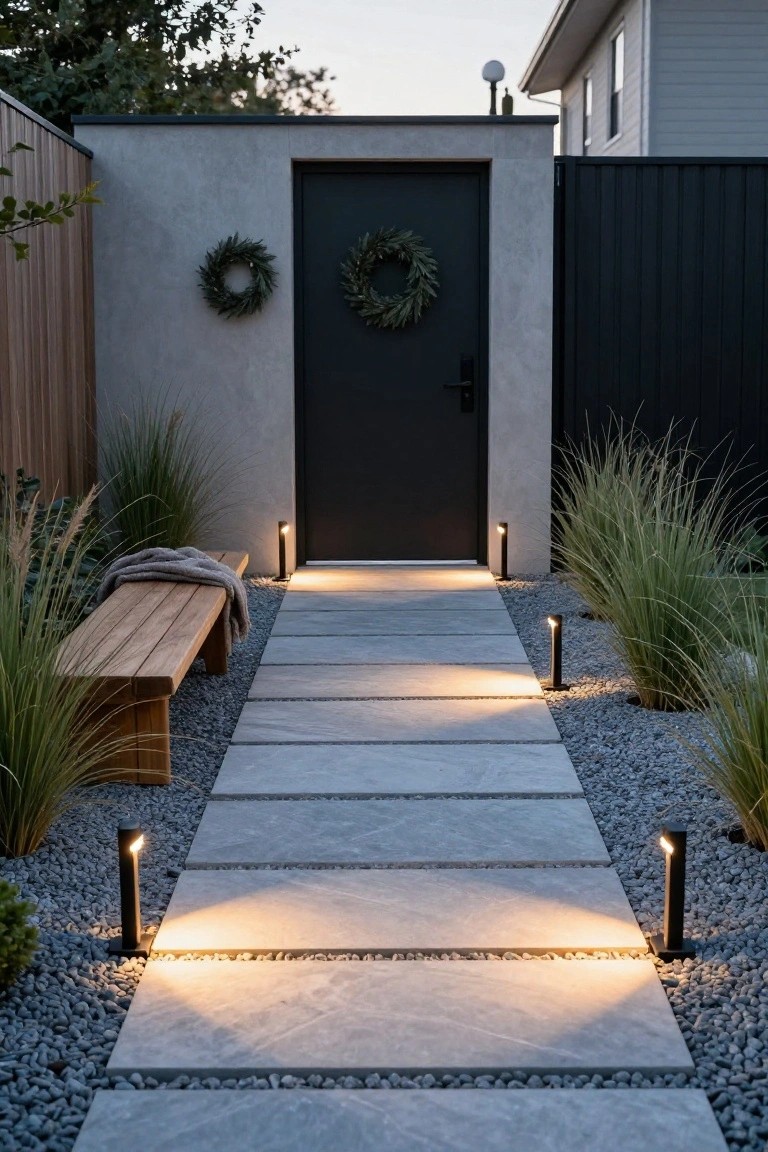 Stone paver pathway with black bollard lights illuminating the path, flanked by gravel and ornamental grasses, leading to a black door with wreaths on a concrete wall.