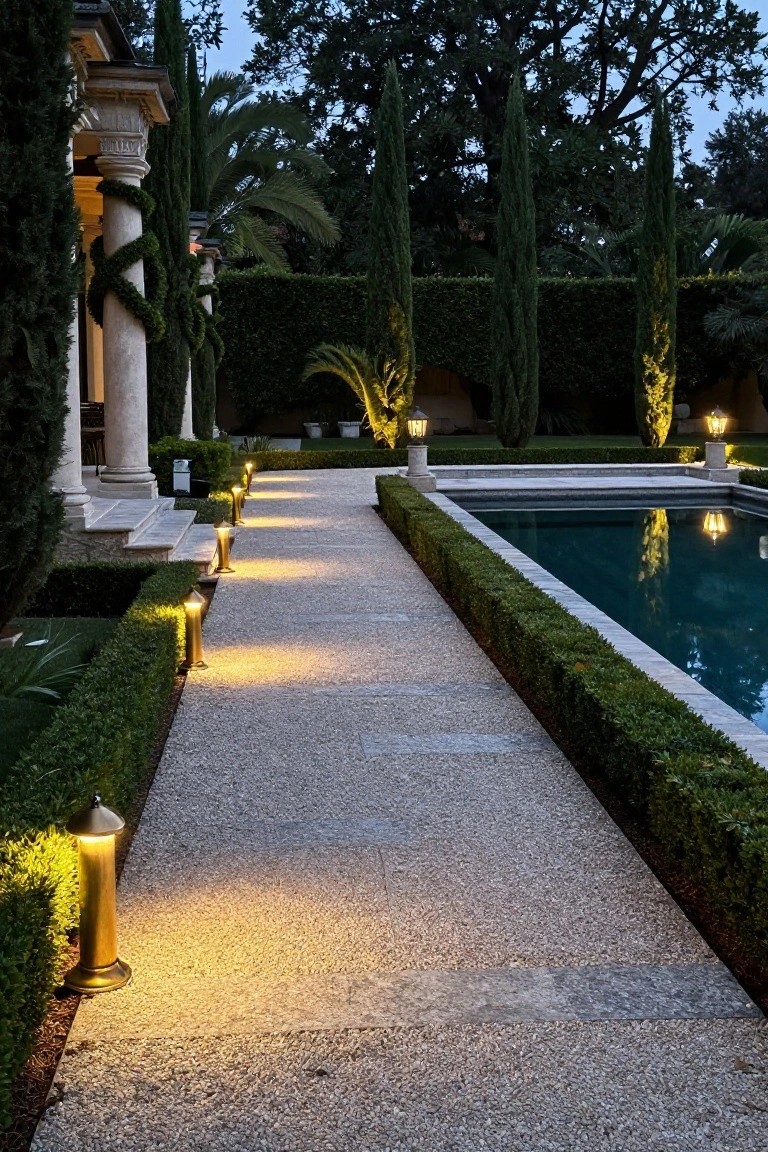 Gravel pathway bordered by clipped boxwood hedges and lined with glowing low brass bollard lights leading beside a rectangular swimming pool to a house with columned portico wrapped in evergreen garlands at dusk.
