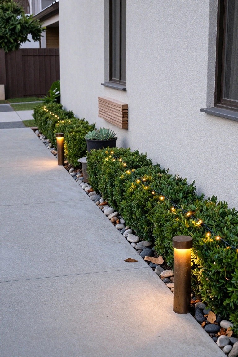 Concrete pathway bordered by low boxwood hedges strung with white fairy lights, white house wall, pebbles, potted succulent, and bronze bollard lights at dusk.