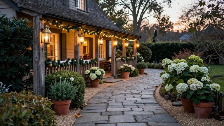 Stone pathway edged with gravel and boxwood hedges, lit by brass lanterns, leading to a shingled porch with garlands, hydrangeas in pots, and string lights on a house at evening.