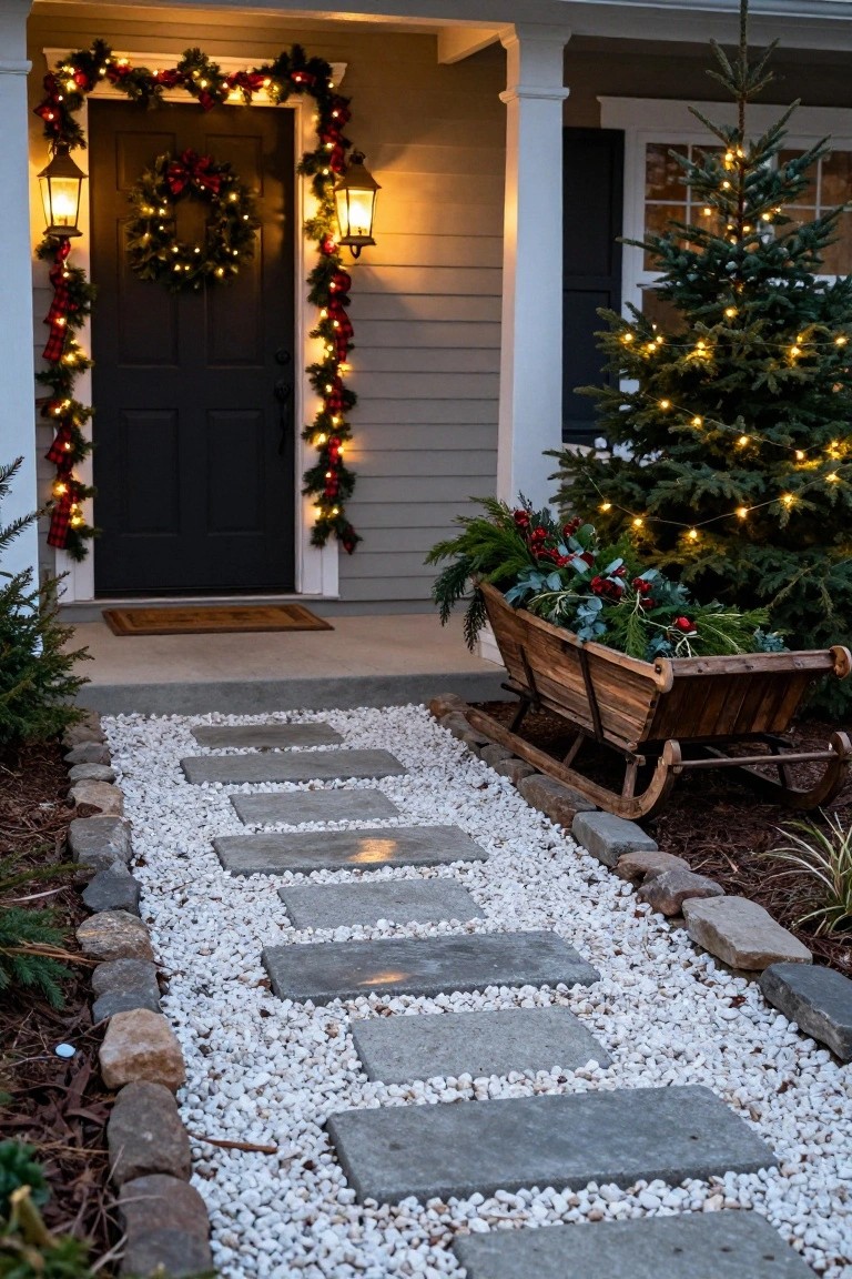 Dark front door of a house framed by Christmas garland and lights, with lanterns on each side, a wreath on the door, a small lit Christmas tree nearby, a wooden sleigh planter filled with greens and red berries, and a stone paver pathway through white gravel edged by rocks and plants.