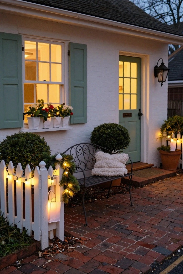 White clapboard cottage with green shutters and door at dusk, featuring a brick pathway edged by a white picket fence strung with warm Christmas lights and garland, a wrought iron bench with pillows nearby, potted plants, and window boxes with flowers.