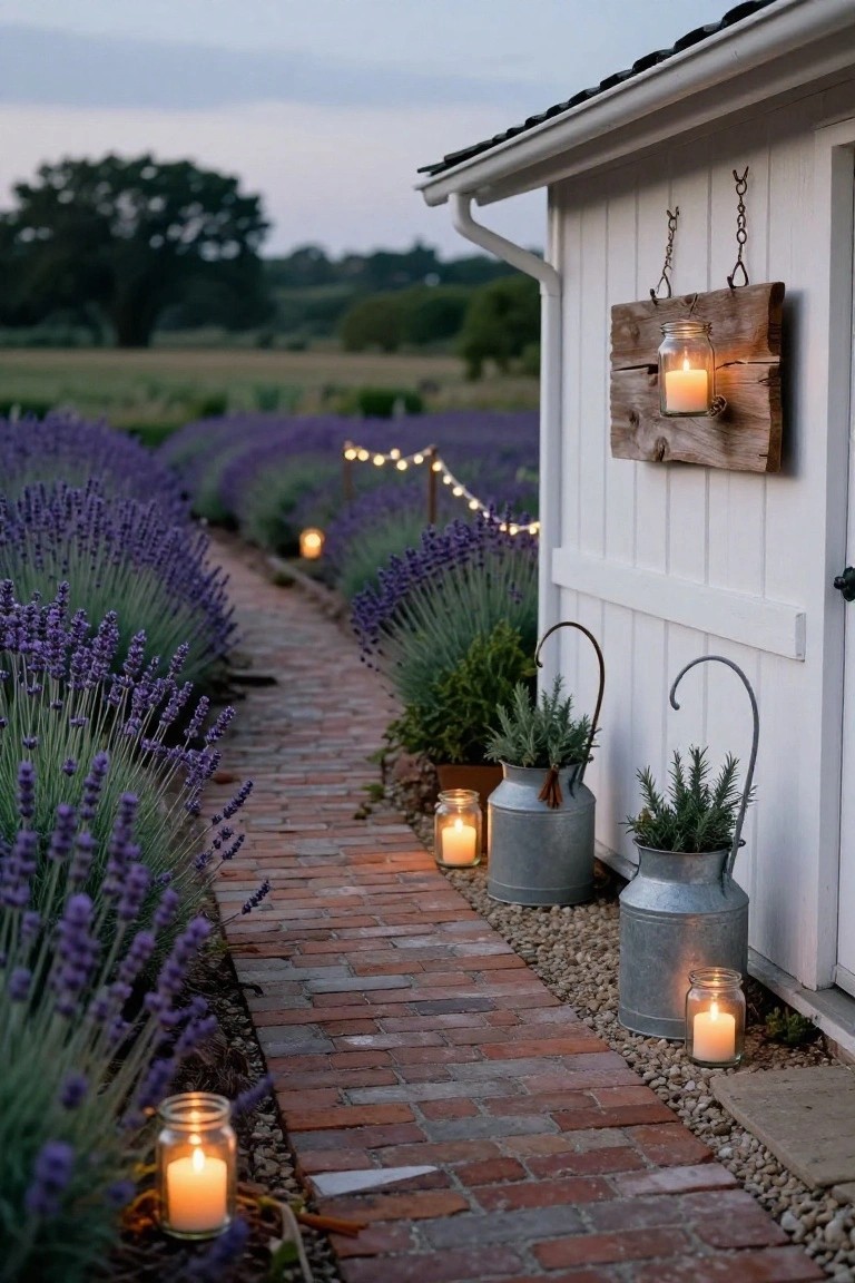Brick pathway through purple lavender plants leading to a white shed, with galvanized metal buckets and mason jar lanterns holding lit candles, string lights overhead, and potted plants nearby at dusk.