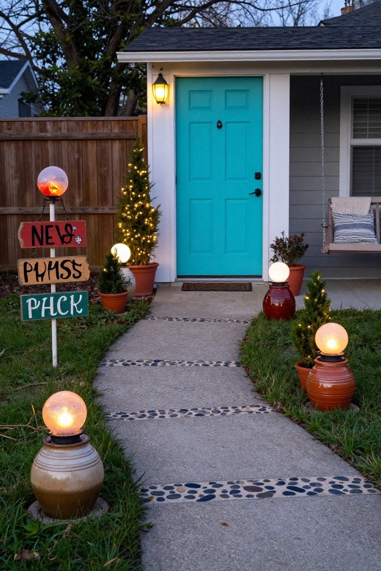 Concrete pathway edged with pebbles and lined with glowing orb lanterns and potted plants leading to a turquoise door on a small building, flanked by a wooden fence, lit Christmas trees, and directional signs labeled NEW, PHMSS, and PACK.