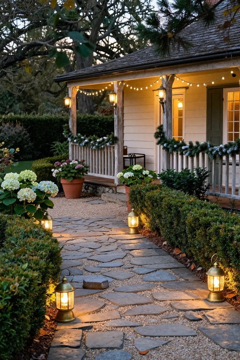 Stone pathway edged with gravel and boxwood hedges, lit by brass lanterns, leading to a shingled porch with garlands, hydrangeas in pots, and string lights on a house at evening.